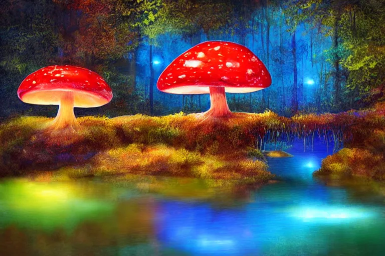 Prompt: giant glowing mushrooms next to a small bridge, flowing water, digital art, blue lighting, acrylic,