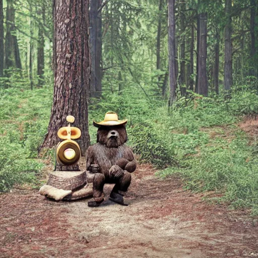 Image similar to UHD canndid photo of Smokey The Bear squatting on a bidet in the woods, by Annie leibowitz, photorealisitc, extremely detailed