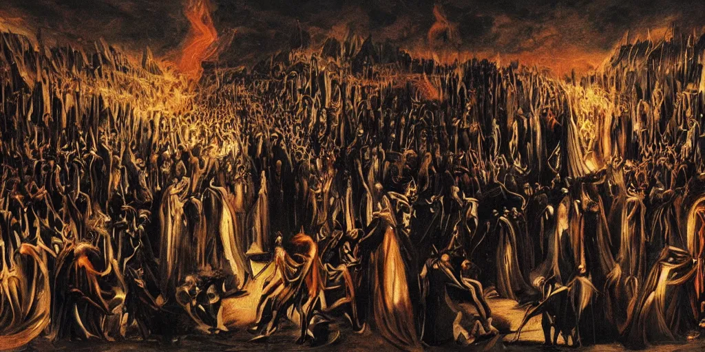 Image similar to dante's inferno painting, with people in black hooded tunic like in the film eyes wide shut of stanley kubrick, illuminati symbol, crows, skeletons, crosses, jesus, dark beauty, rotten gold, perfect faces, extremely detailed, cinema 4 d, unreal engine.