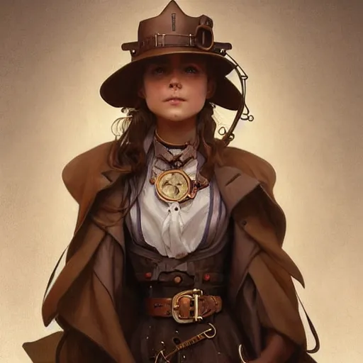 Prompt: Little girl in steampunk clothes, whole body, wears brown boots, olive skin, brown dark hair, beautiful bone structure, intricate, elegant, highly detailed, digital painting, artstation, concept art, smooth, sharp focus, illustration, art by artgerm and greg rutkowski and alphonse mucha