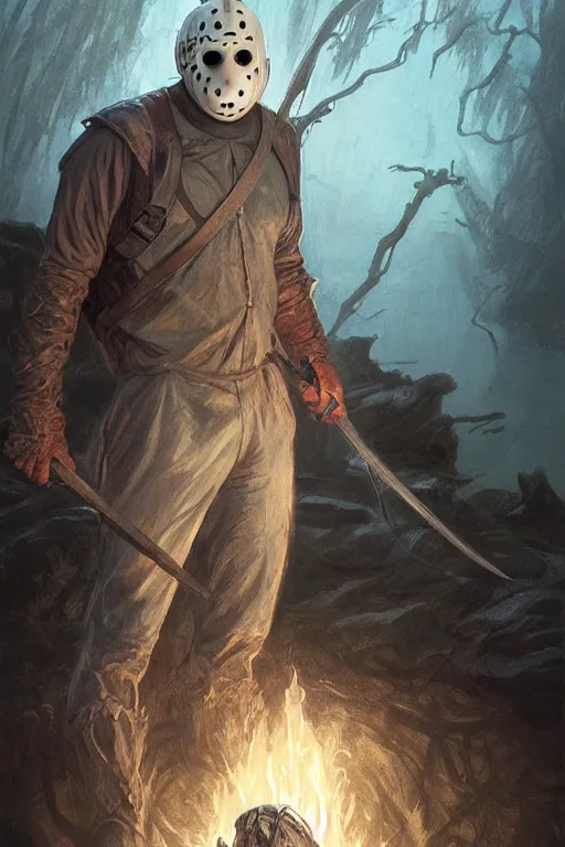 Image similar to portrait of Jason Voorhies emerging from the lake, D&D, fantasy, highly detailed, digital painting, artstation, concept art, smooth, sharp focus, illustration, art by artgerm and greg rutkowski and alphonse mucha