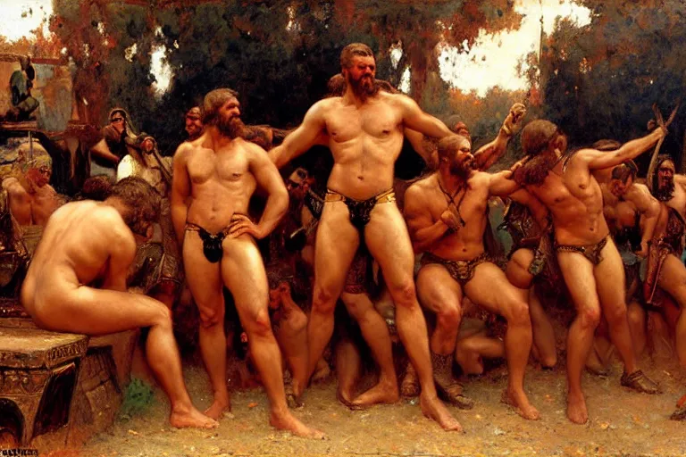 Image similar to male gladiators, painting by gaston bussiere, craig mullins, j. c. leyendecker, tom of finland