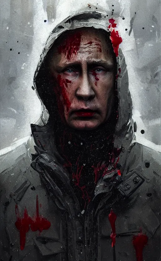 Image similar to detailed portrait of angry vladimir putin, volumetric light from below, merciless, cold, reflective military puffy coat with blood splats by ismail inceoglu dragan bibin hans thoma greg rutkowski alexandros pyromallis nekro rene maritte illustrated, perfect face, fine details, realistic shaded, fine - face, direct glaze