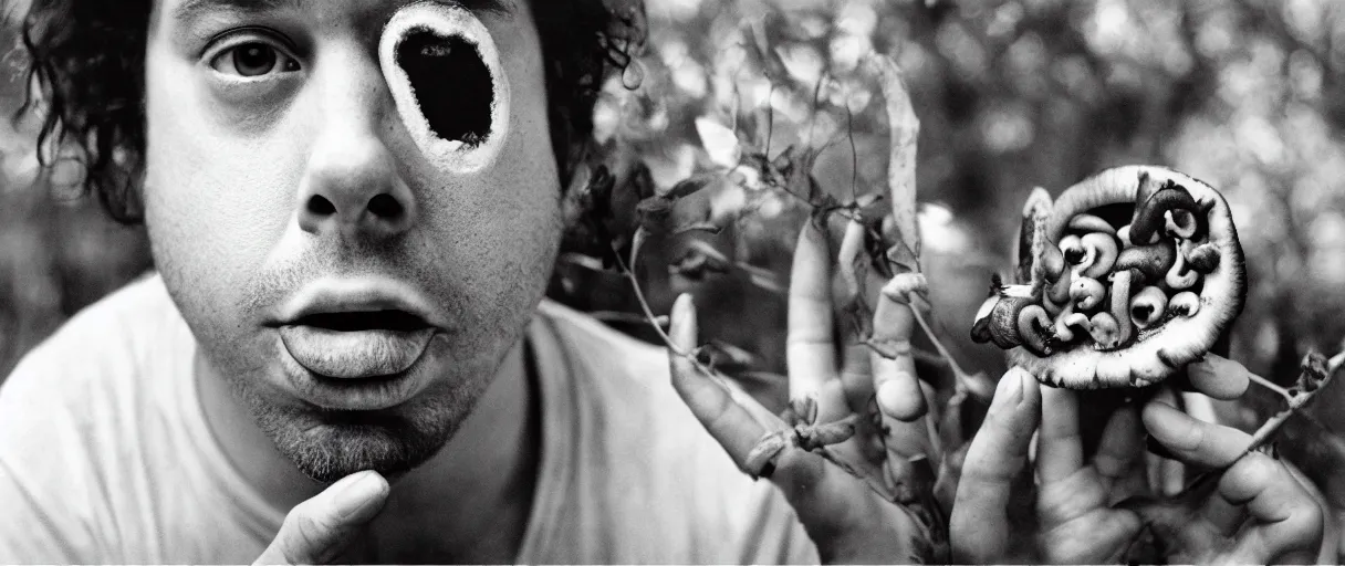 Prompt: award winning photo of a todd solondz charles thompson iv eating a mushrooms and becoming nature, sad, symmetrical face, beautiful eyes, studio lighting, wide shot art by sally mann & arnold newman