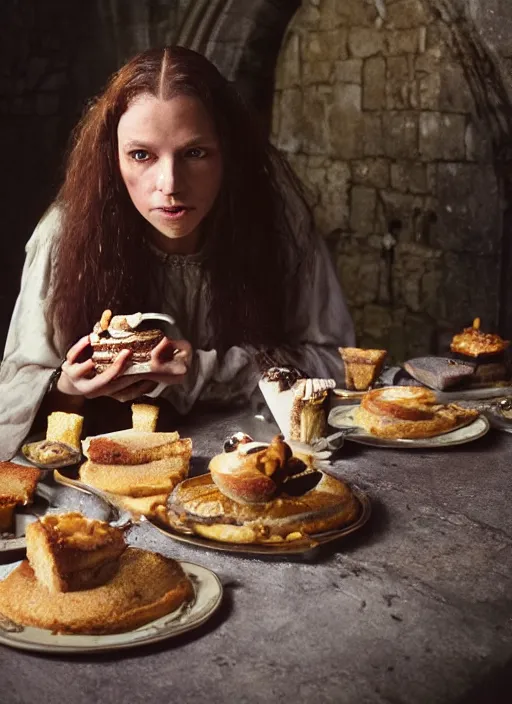 Image similar to closeup portrait of a medieval goblin eating cakes in the abbey, depth of field, zeiss lens, detailed, symmetrical, centered, fashion photoshoot, by annie leibovitz and steve mccurry, david lazar, jimmy nelsson, breathtaking, 8 k resolution, extremely detailed, beautiful, establishing shot, artistic, hyperrealistic, beautiful face, octane render