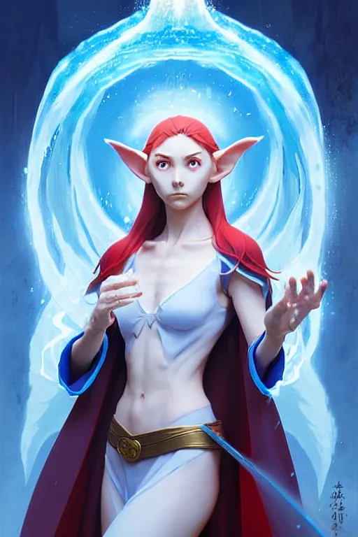 Image similar to elf female sorcerer doing water magic spells, blue robes, red hair, finely detailed perfect face, exquisite details, mid view, design on a white background, by studio muti, greg rutkowski makoto shinkai takashi takeuchi studio ghibli