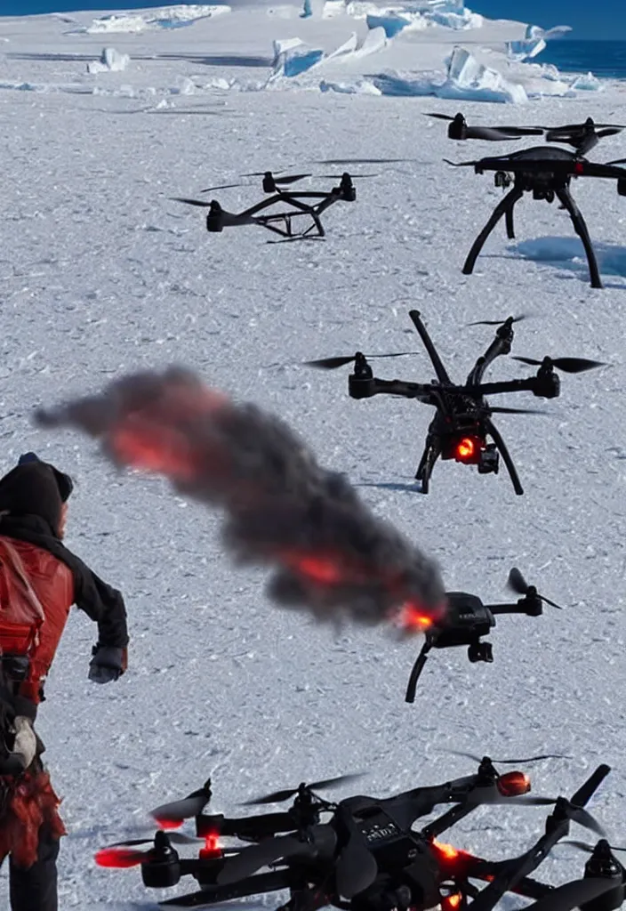 Image similar to exploding drone being hit by a men saving his wife from being crush by the drone, antartica background : : 2 intense, movie action scene, detailed, coherent