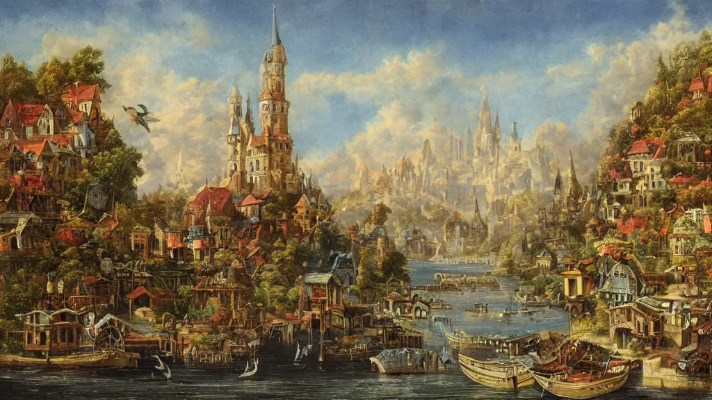 Image similar to an old enchanted fantasy town, viewed from the harbor, by jean - baptist monge,