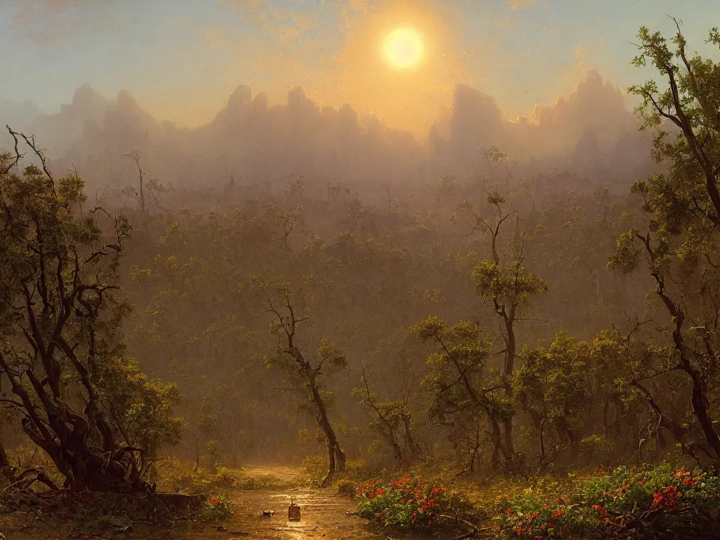 Image similar to a new dawn after a post apocalyptic california landscape after a nuclear war, foliage, plants, flowers, beautiful, sunrise lighting, beautiful painting, los angeles, painted by albert bierstadt