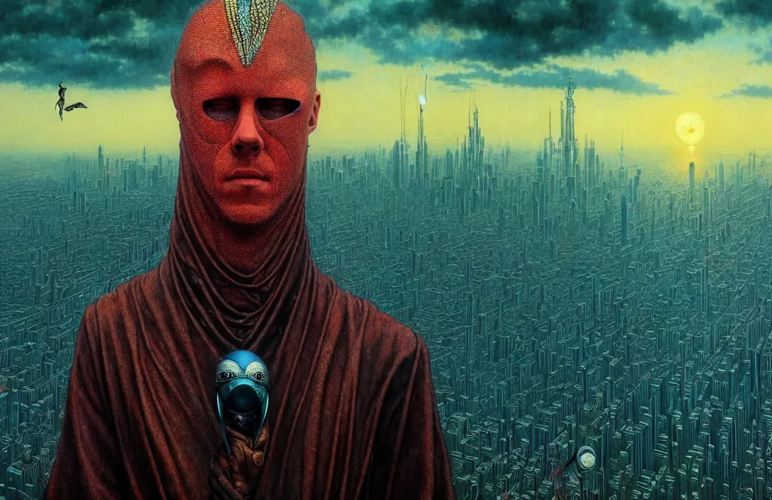 Image similar to realistic detailed portrait movie shot of a birdman in dark ragged robes, futuristic city sunset landscape background by denis villeneuve, amano, yves tanguy, alphonse mucha, ernst haeckel, max ernst, alejandro jodorowsky, masterpiece, rich moody colours, bird head, blue eyes, hyperdetailed