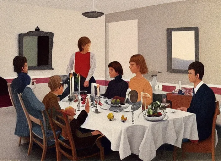 Prompt: a very boring dinner party, painting by quint buchholz, muted colors, gray, dull, boring, low energy