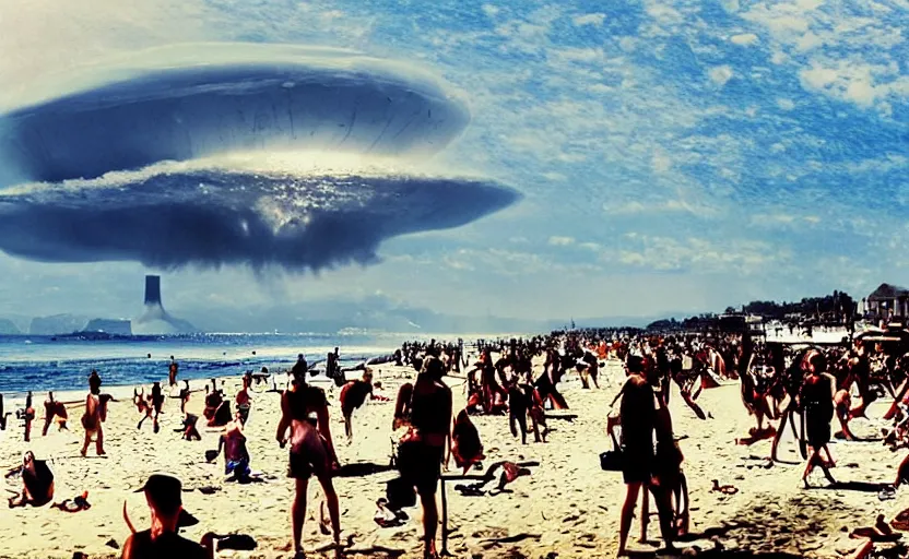 Prompt: sunny day at the beach blue sky nuclear mushroom cloud on the horizon and few people watching it war apocalyptic photorealistic