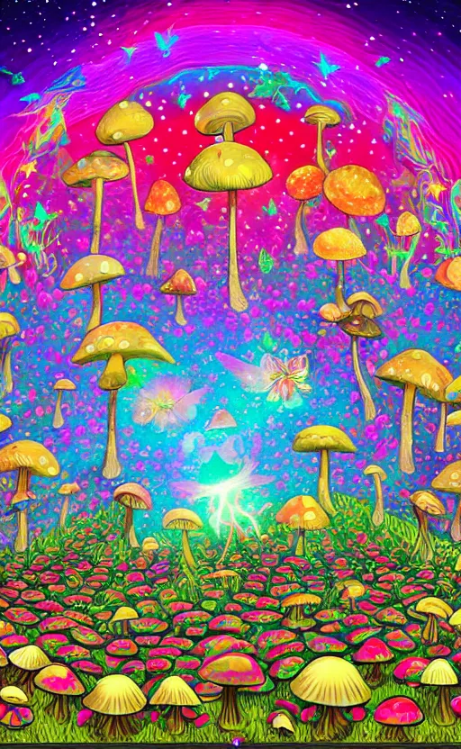 Prompt: psychedelic mushrooms, enchanted cosmic forest, mushrooms on the ground, small fairies, stars in the sky, butterflies, rainbows, psychedelic, wide angle shot, white background, vector art, by helen huang and frank frazetta