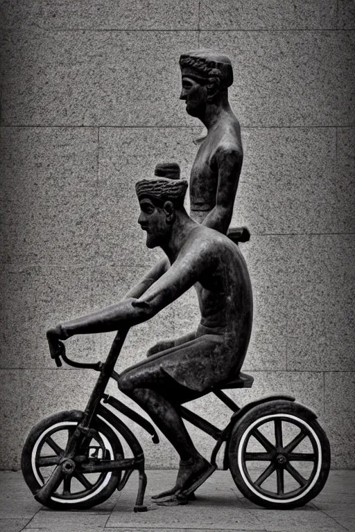 Image similar to photo of the ancient statue of biker on the tricycle, symmetrical, cinematic, real dlsr photography, sharp focus, 4 k, ultra hd, sense of awe, archeology journal cover