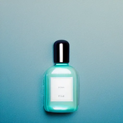 Prompt: perfume bottle standing in splashing tropical sea foam, surrounded by leafy trees, light pastel blue sky and clouds in the background, softly - lit, soft - warm, zen, light, modern minimalist f 2 0 clean