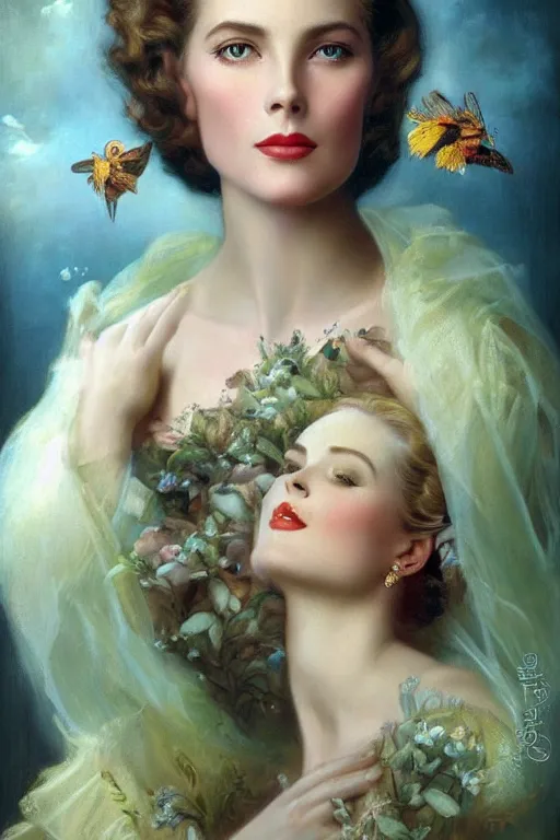 Image similar to A young and extremely beautiful Grace Kelly explaining the birds and the bees by Tom Bagshaw in the style of a modern Gaston Bussière, art nouveau, art deco, surrealism. Extremely lush detail. Perfect composition and lighting. Profoundly surreal. Sultry look on her face.