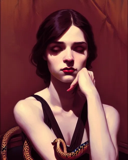 Image similar to stylized portrait of an artistic pose, composition, young victorian sad fancy lady, surrounded by snakes, cinematic moody colors, realistic shaded, fine details, realistic shaded lighting poster by ilya kuvshinov, magali villeneuve, artgerm, jeremy lipkin and michael garmash and rob rey