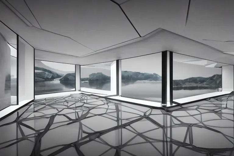 Image similar to a building interior formed by the intersection and fusion of many multi white spherical egg shaped spaces, on the calm lake surface, people's perspective award winning, highly detailed 4 k art, dusk, unreal engine highly rendered, global illumination, radial light, internal environment by kazuyo sejima