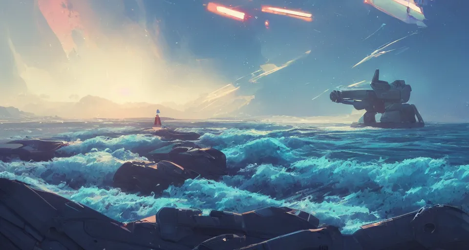 Image similar to A very beautiful serene coast landscape scene with a GIANT MECHA GUNDAM looming in the distance, bright sunny waves splashing on the beach, rendered by simon stålenhag, rendered by Beeple, Makoto Shinkai, syd meade, environment concept, digital art, Gundam style, starwars, unreal engine, 3 point perspective, WLOP, trending on artstation, low level, 4K UHD image, octane render,