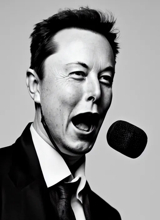 Prompt: Portrait of Elon musk wearing a suit, screaming into an old microphone . Black and white, high contrast