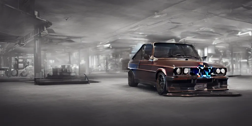 Image similar to a bmw e30, designed by Polestar, blade runner background, stained antique copper car paint, black windows, sport car, dark show room, dramatic lighting, hyper realistic render, depth of field