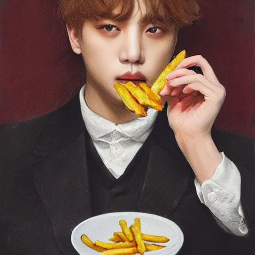 Prompt: taehyung eating gucci fries, 6 0 0 0 dollar fries fried by gucci, pre - raphaelite painting, highly detailed, cleanshaven appearance