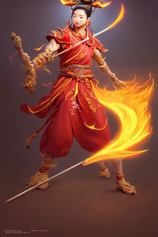 Image similar to cute nezha, highly detailed, man holding spear, flame everywhere, epic pose, masterpiece chinese fantasy character portrait, highly detailed, digital painting, trending on artstation, concept art, sharp focus, illustration, global illumination, ray tracing, realistic shaded, art by artgerm and greg rutkowski and fenghua zhong and brian sum and raymond swanland