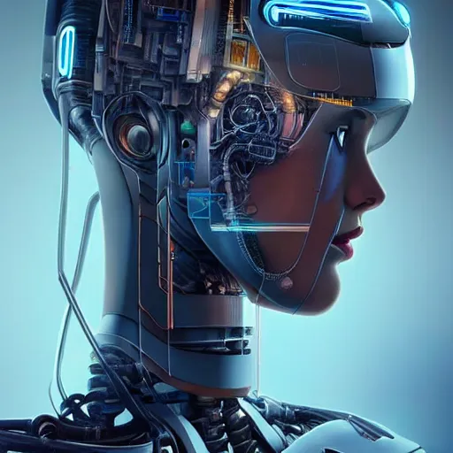 Image similar to Perfectly-Centered Half-body-Portrait of a Mechanical Cyberpunk Female Android, intricate, elegant, super highly detailed, professional digital painting, artstation, concept art, smooth, sharp focus, no blur, no dof, extreme illustration, Unreal Engine 5, Photorealism, HD quality, 8k resolution, cinema 4d, 3D, beautiful, cinematic, art by artgerm and greg rutkowski and alphonse mucha and loish and WLOP