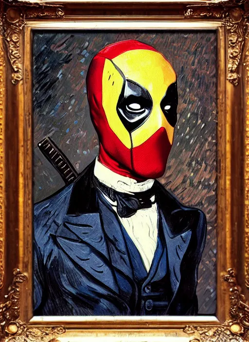 Image similar to oil painting of victorian deadpool created by james jean, vincent van gogh, michaelangelo, fantasy, portrait, highly detailed, large brush strokes