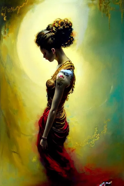 Image similar to an epic painting of a 1 9 years old girl figure, curly messy high bun hairstyle, oriental tattoos, subject wearing a gold and ruby high fashion gown, flowing, ornate, beautiful, muted tonal colors, with few vivid green highlights, by jeremy mann and greg rutkowski, artstation, oil on canvas