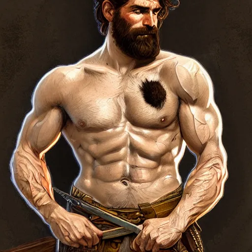 Image similar to portrait of a rugged ranger, muscular, upper body, hairy torso, D&D, fantasy, intricate, elegant, highly detailed, digital painting, artstation, concept art, smooth, sharp focus, illustration, art by alphonse mucha