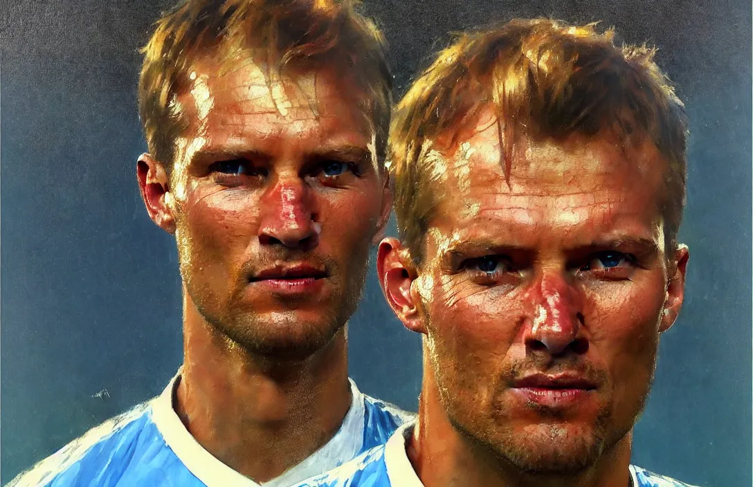 Prompt: portrait of erling haaland manchester city!!!!!!!!!!!!!!!!!!!!!!!!!!!, detailed face, detailed painting, epic lighting, by ilya repin, phil hale and kent williams