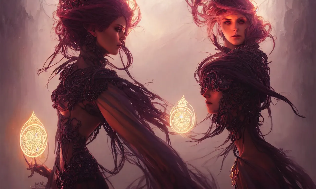 Image similar to Necromancer Sorceress in center, fantasy magic, undercut hairstyle, dark light night, intricate, elegant, sharp focus, illustration, highly detailed, digital painting, concept art, matte, art by WLOP and Artgerm and Greg Rutkowski and Alphonse Mucha, masterpiece