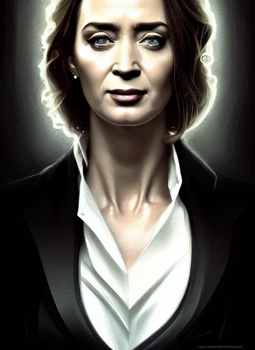 Image similar to portrait of emily blunt as business woman, black suit, white shirt, black tie, intricate, headshot, highly detailed, digital painting, artstation, concept art, sharp focus, cinematic lighting, illustration, art by artgerm and greg rutkowski, alphonse mucha, cgsociety