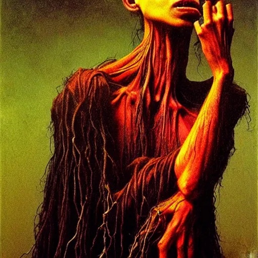 Image similar to full body portrait, a highly detailed witch, magic, night, extremely high detail, death, fear, horror, realistic, fantasy art, solo, masterpiece, saturated colors, tangled, ripped flesh, art by zdzisław beksinski, caravaggio