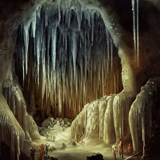 Prompt: a beautifully detailed oil painting of the inside of a cave, ice stalagmites and stalactites, the walls covered in runes, a dark mass in the center, hieronymous bosch, artstation