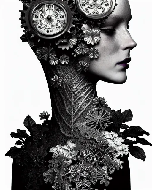 Prompt: monochrome profile portrait painting, dutch masters, silver lace floral steampunk biomechanical beautiful young female cyborg with one techno eye, volumetric light, leaves foliage and stems, hibiscus flowers, sinuous fine roots, fine foliage lace, alexander mcqueen, rim light, big gothic fashion pearl embroidered collar, 8 k