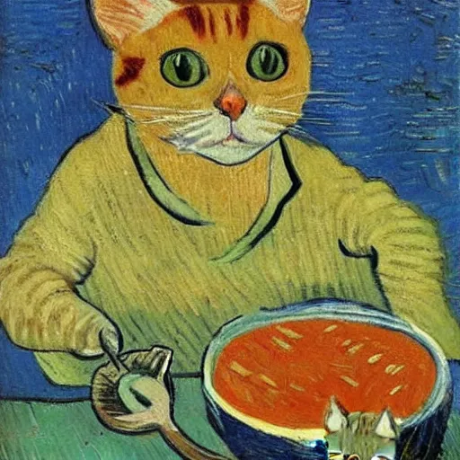 Prompt: the cat cooks soup, stirring a pot with a ladle and cutting vegetables, oil painting, drawn by Van Gogh