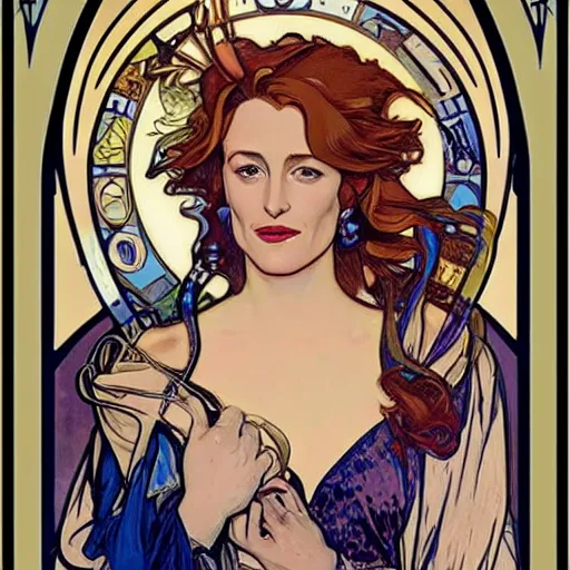 Image similar to gillian anderson portrait by louis - theophile hingre and alphonse mucha, realistic, sharp focus, zodiac signs, tarot cards, planets, ethereal, art nouveau, magic, moon, sun, crown, dreamy, royal, jewellery