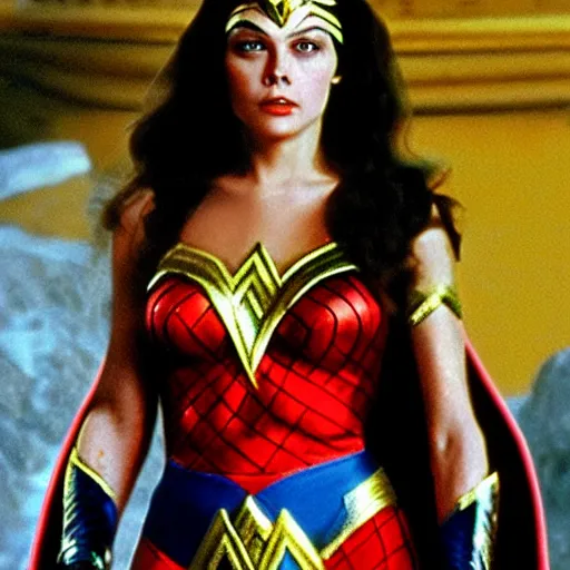 Image similar to ornella muti as wonder woman, 8 k resolution hyperdetailed photo realistic, extremely high quality and life like