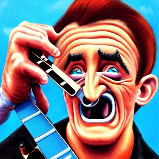 Image similar to Barry Chuckle Shredding on an electric guitar in the style of Jason Edmiston