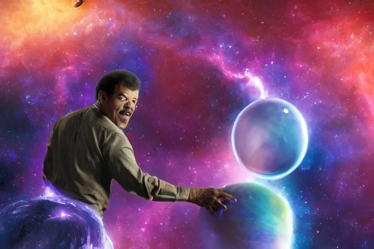 Prompt: a cinematic still of ((neil degrasse tyson)) ferociously eating a galaxy, galactus!!!!, (octane render, nvidia raytracing demo), masterpiece, (monster), (empty black void)