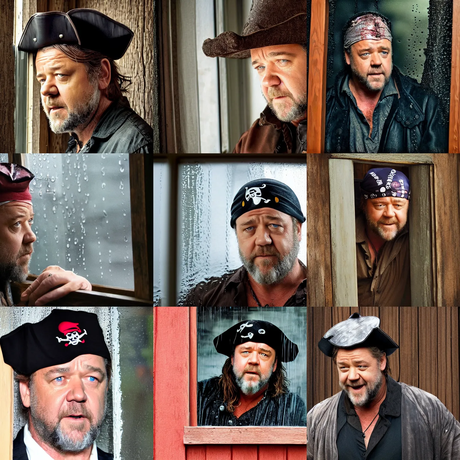 Prompt: russell crowe wearing a too wide silly pirate hat behind a rainy dirty window and wooden wall peering out to the camera