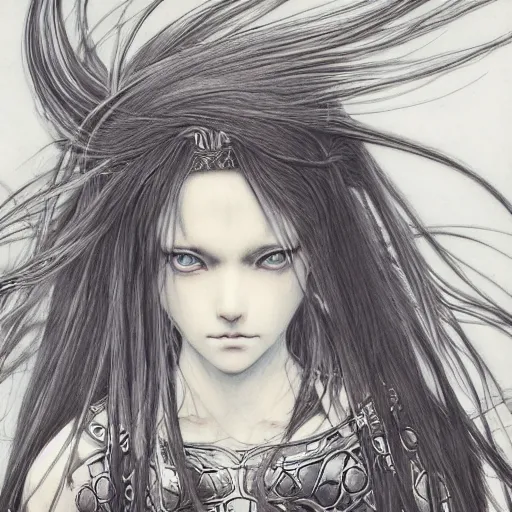 Prompt: Yoshitaka Amano realistic illustration of an anime girl with black eyes, wavy white hair fluttering in the wind and cracks on her face wearing elden ring armor with engraving, abstract black and white patterns on the background, noisy film grain effect, highly detailed, Renaissance oil painting, weird camera angle, blurred lost edges, three quarter view