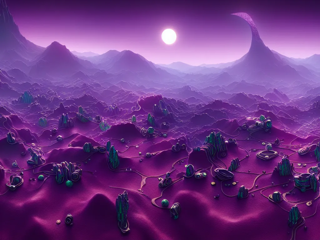 Prompt: highly detailed photo of purple valley, trending on deviantart, neo surrealism, sharp focus, 4 k, a lot of little details, octane, masterpiece, art by max ernst