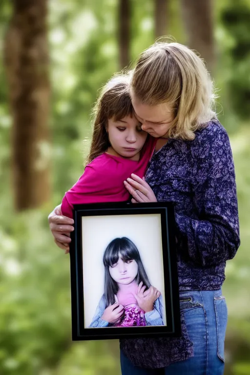 Image similar to a picture that tells of a mother holding a photo of her dead daughter - taken with canon eos 5 d mark iv, versatile, lens interoperability, autofocus, 4 k uhd video capture at 3 0 fps, 8 k time - lapse functions, by karah mew