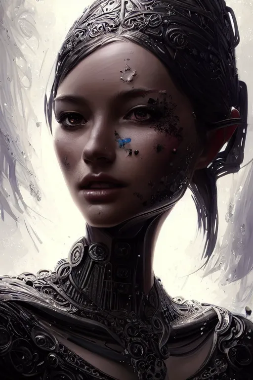 Image similar to beautiful female android in distress!, black shiny eyes, half portrait, background explosion, intricate detailed environment, floro details, intricate, elegant, highly detailed, digital painting, artstation, concept art, smooth, sharp focus, illustration, art by artgerm and greg rutkowski and brian sum,