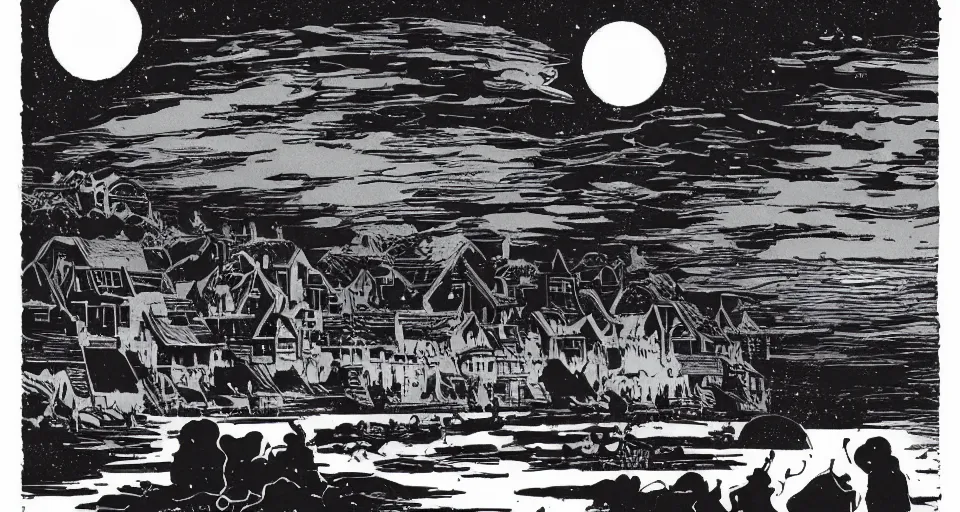 Image similar to seaside village, night, moon in sky encircled by clouds, heavy ink!!!!!!!, dark!!!, black!!! mike mignola