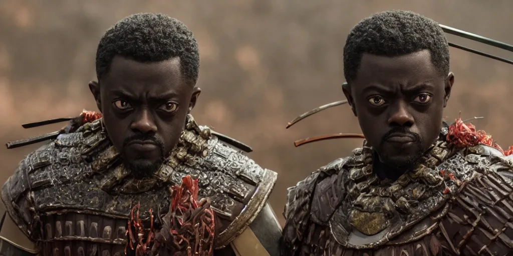 Prompt: a film still of daniel kaluuya starring as an ancient samurai in a japanese blockbuster film, shallow depth of field, cinematic, award winning cgi, vfx, film still