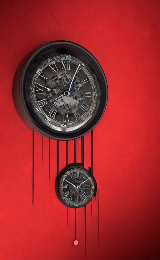 Image similar to a melting Roman numeral clock, behind a red and black gradient background, dynamic lighting, photorealistic fantasy concept art, trending on art station, stunning visuals, cinematic, creative, ultra detailed